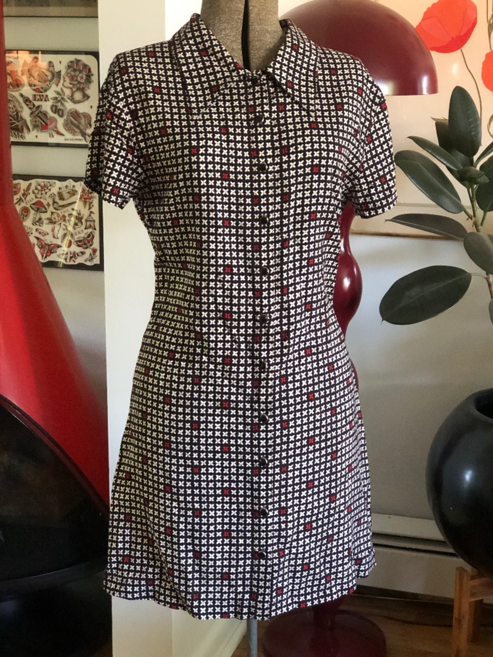 Vintage Express 90s Compagnie Internationale Collared Ditsy Rayon Dress! Sz 7/8